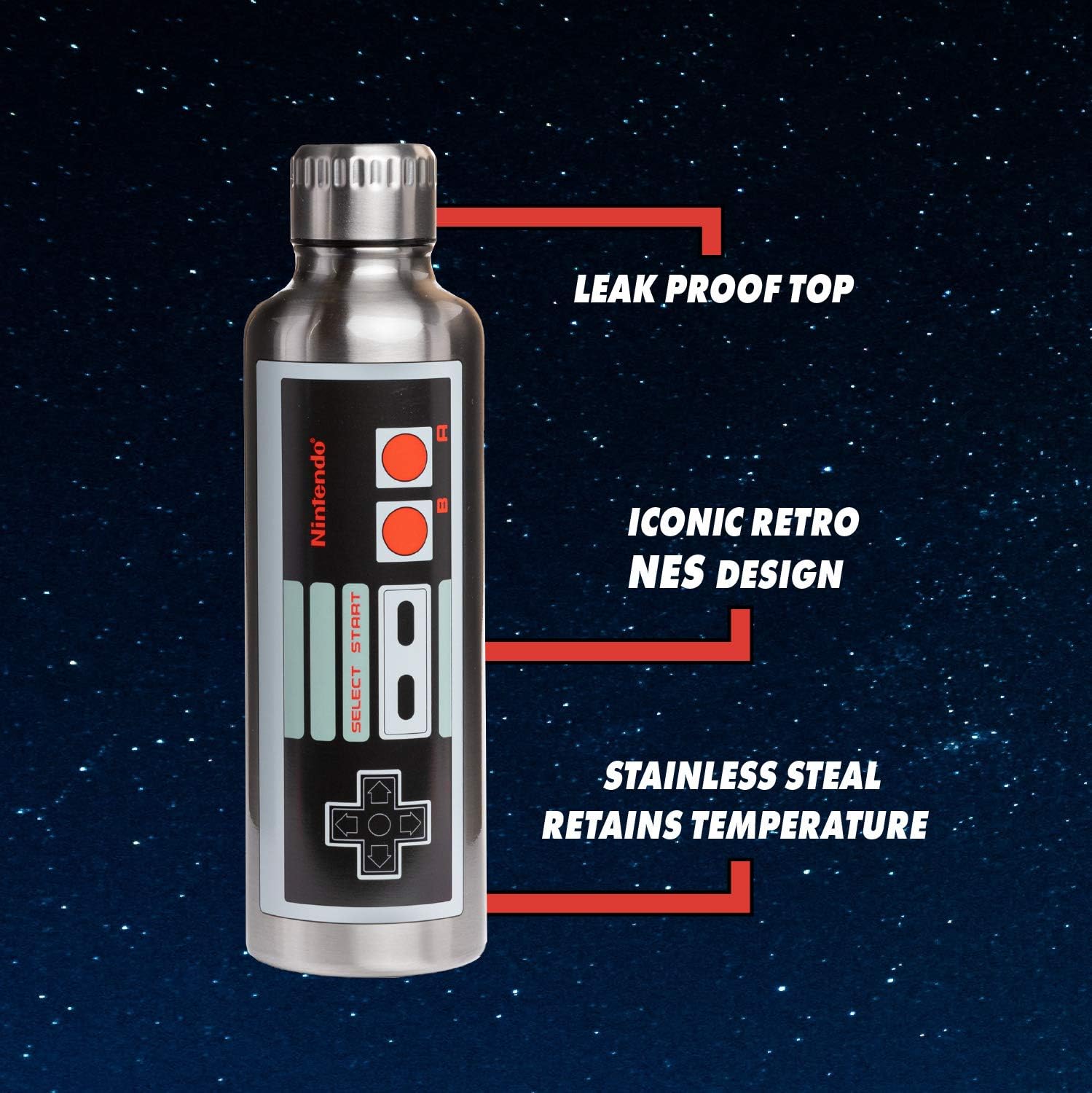 Paladone NES 500ml Stainless Steel Metal Water Bottle, Silver