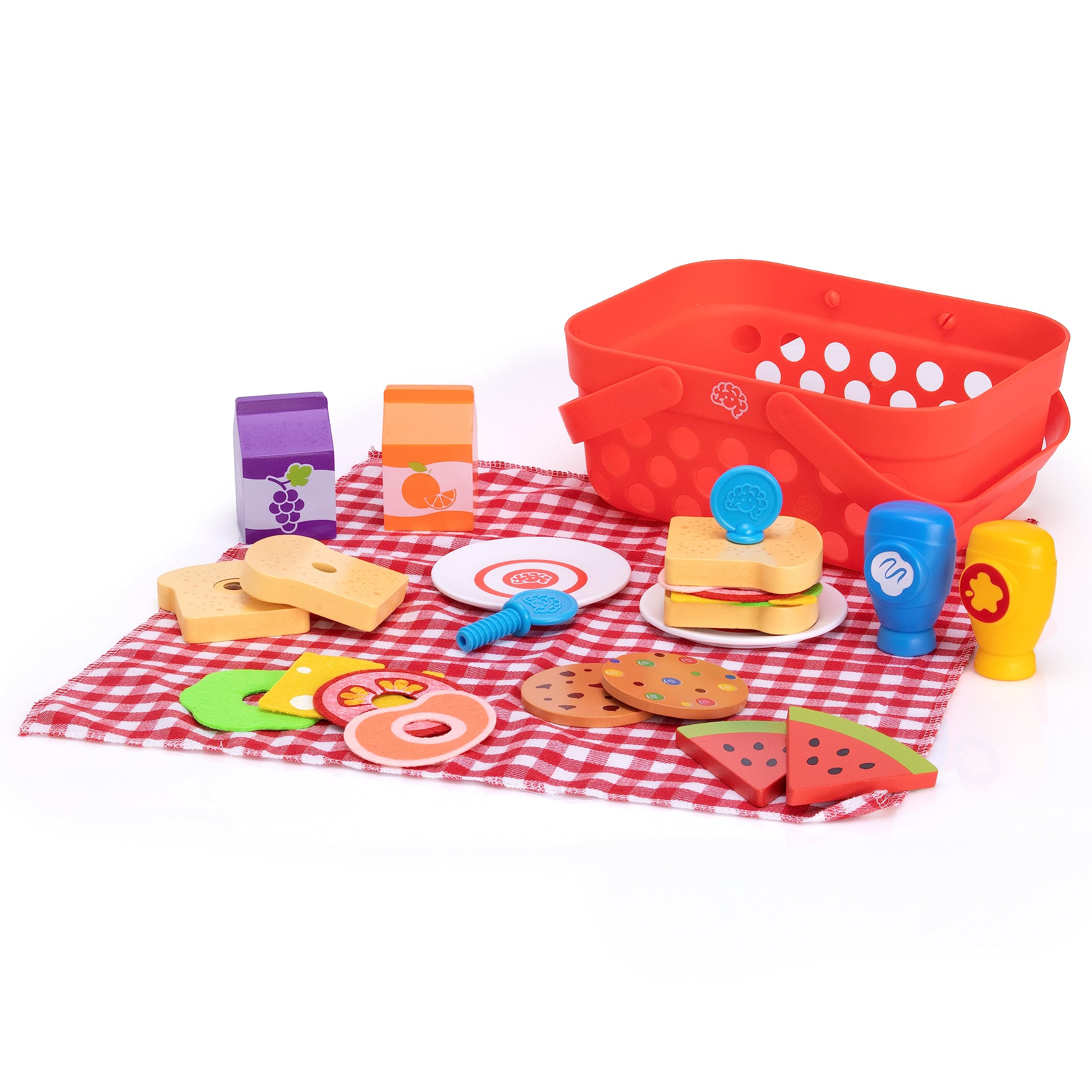 Fat Brain Toys Pretendables Picnic Basket Set - Kids Toy Picnic Basket and Blanket with Wooden Play Food and Accessories - Educational Play Kitchen Kids Toys - Durable Toy Food Set for +3 Year Olds