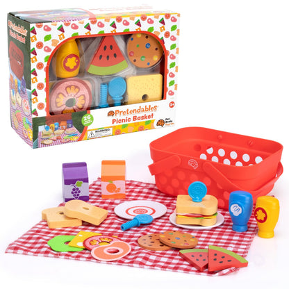 Fat Brain Toys Pretendables Picnic Basket Set - Kids Toy Picnic Basket and Blanket with Wooden Play Food and Accessories - Educational Play Kitchen Kids Toys - Durable Toy Food Set for +3 Year Olds