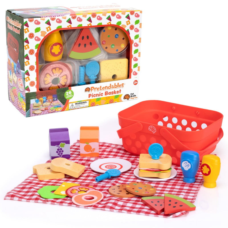Fat Brain Toys Pretendables Picnic Basket Set - Kids Toy Picnic Basket and Blanket with Wooden Play Food and Accessories - Educational Play Kitchen Kids Toys - Durable Toy Food Set for +3 Year Olds