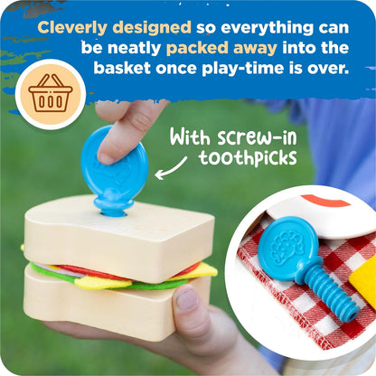 Fat Brain Toys Pretendables Picnic Basket Set - Kids Toy Picnic Basket and Blanket with Wooden Play Food and Accessories - Educational Play Kitchen Kids Toys - Durable Toy Food Set for +3 Year Olds