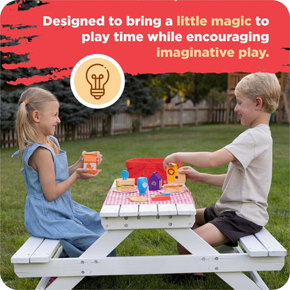 Fat Brain Toys Pretendables Picnic Basket Set - Kids Toy Picnic Basket and Blanket with Wooden Play Food and Accessories - Educational Play Kitchen Kids Toys - Durable Toy Food Set for +3 Year Olds