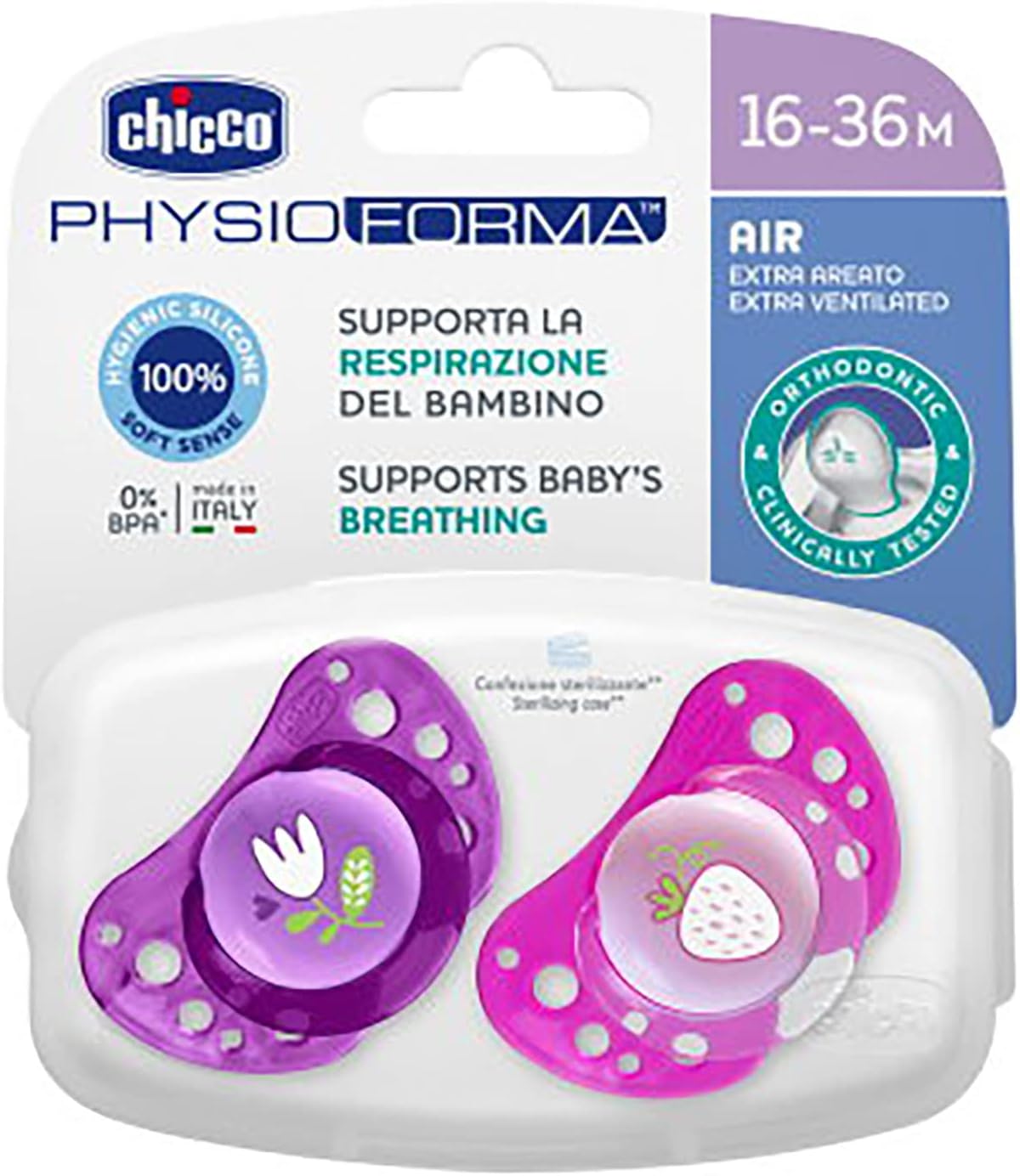 Chicco Air Pacifier, 12+ Months, 2 Units Silicone 12+ MESI Purple purple Silicone