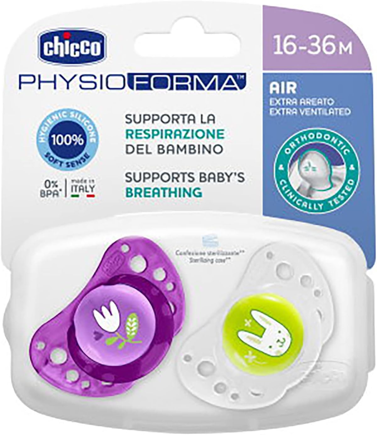 Chicco Air Pacifier, 12+ Months, 2 Units Silicone 12+ MESI Purple purple Silicone