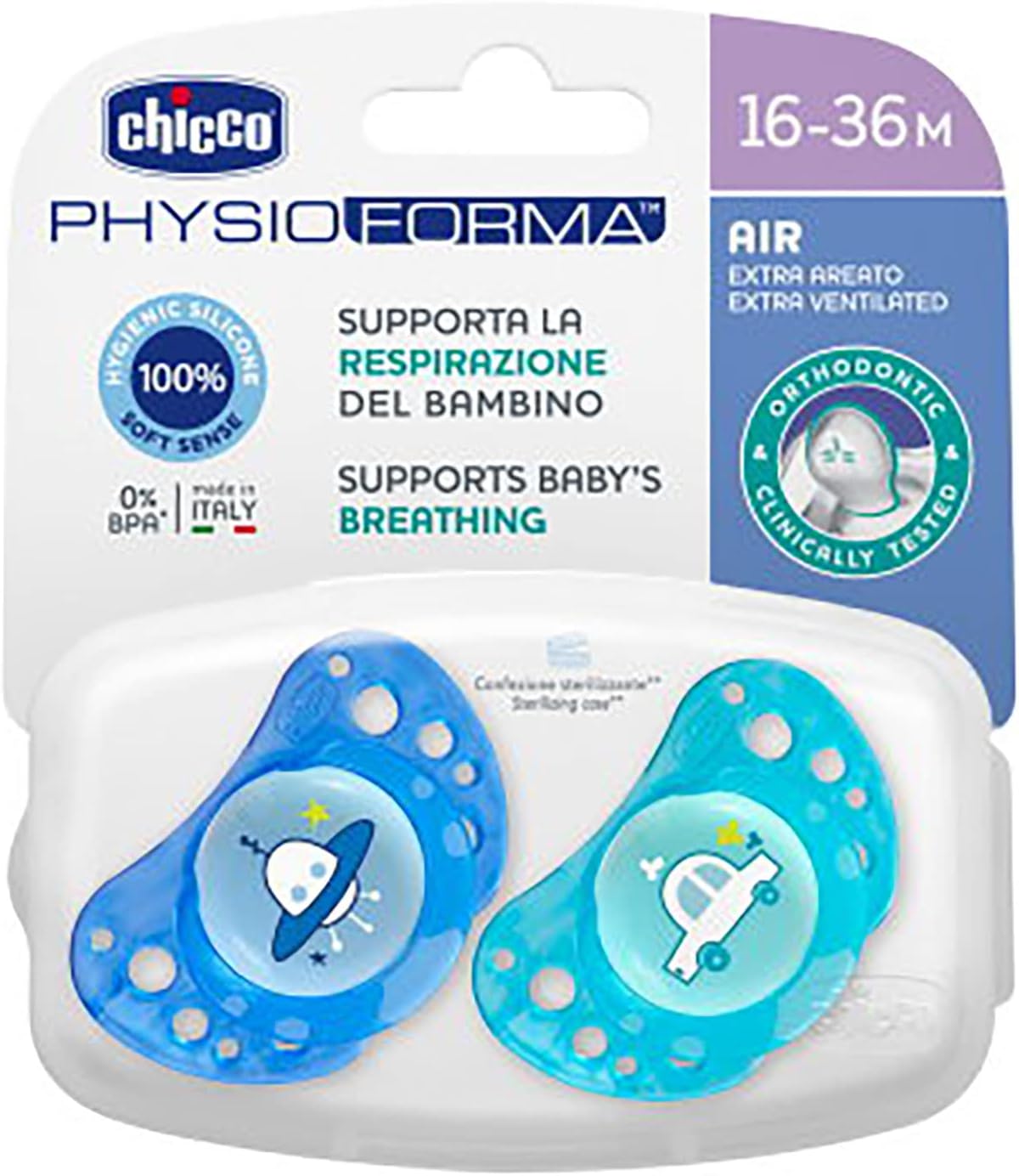 Chicco Air Pacifier, 12+ Months, 2 Units Silicone 12+ MESI Blue/Green blue / green Silicone