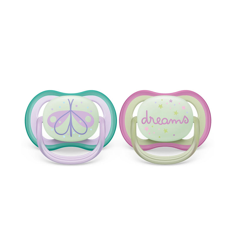 Philips Avent Ultra Air Pacifier - 2X Lightweight, Breathable, Glowing in The Dark Pacifiers for Children Aged 0-6 Months Without bisphenol A, with sterilizer case (Model SCF376/19)