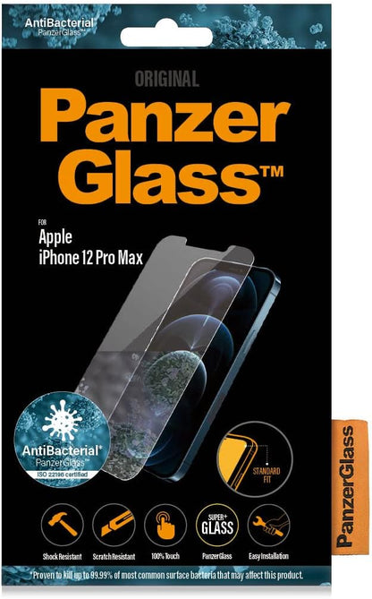 Panzerglass Antibacterial protective glass suitable for Apple iPhone 12 Pro Max, standard fit.