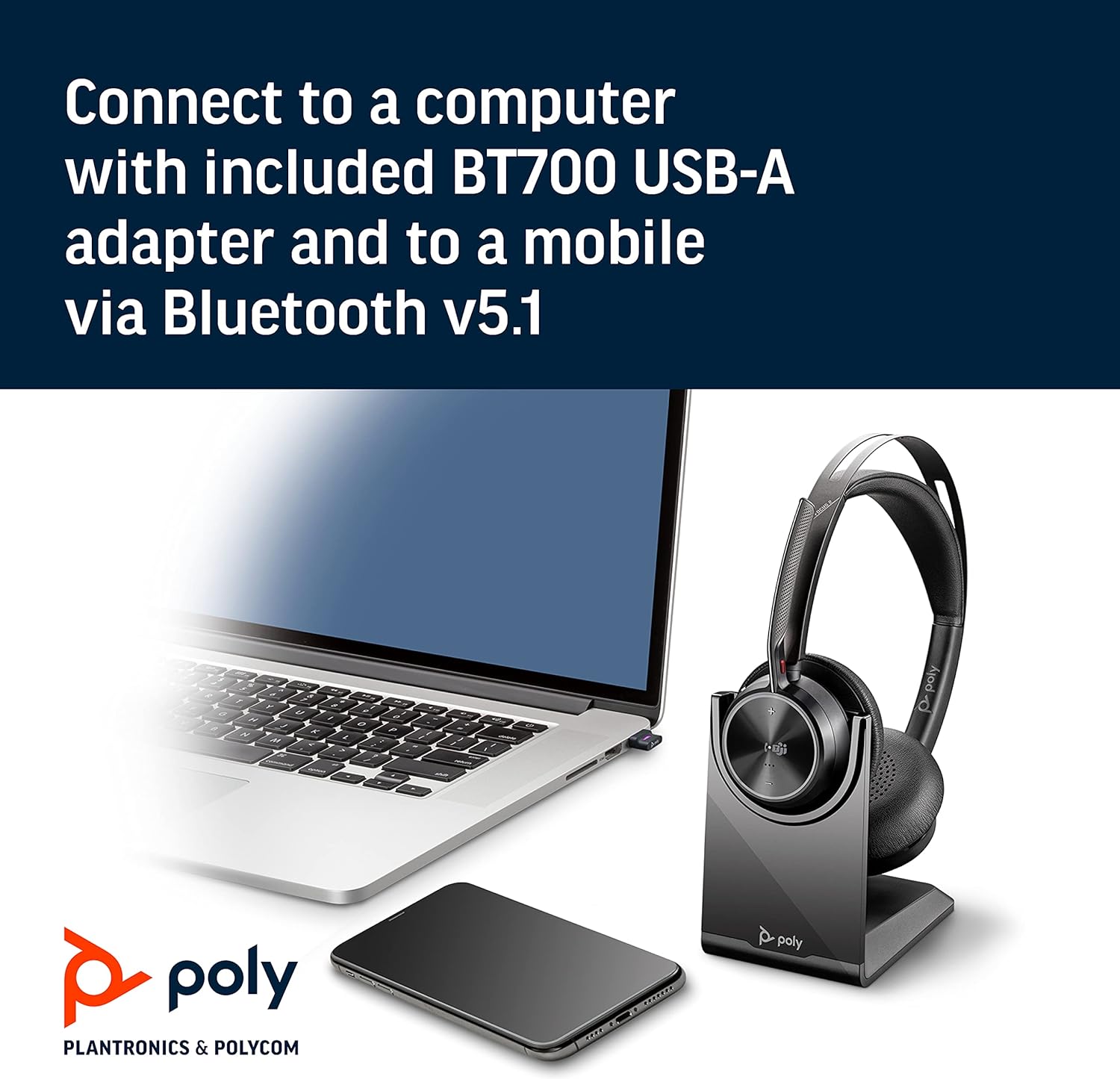 Poly - Voyager Focus 2 UC Bluetooth Headset + Charging Cradle (Plantronics) - Stereo headset with boom microphone, USB-A for PC/Mac - Active Noise Canceling - Works with Teams (Certified) , black Teams certified 2021 Version (USB-A)