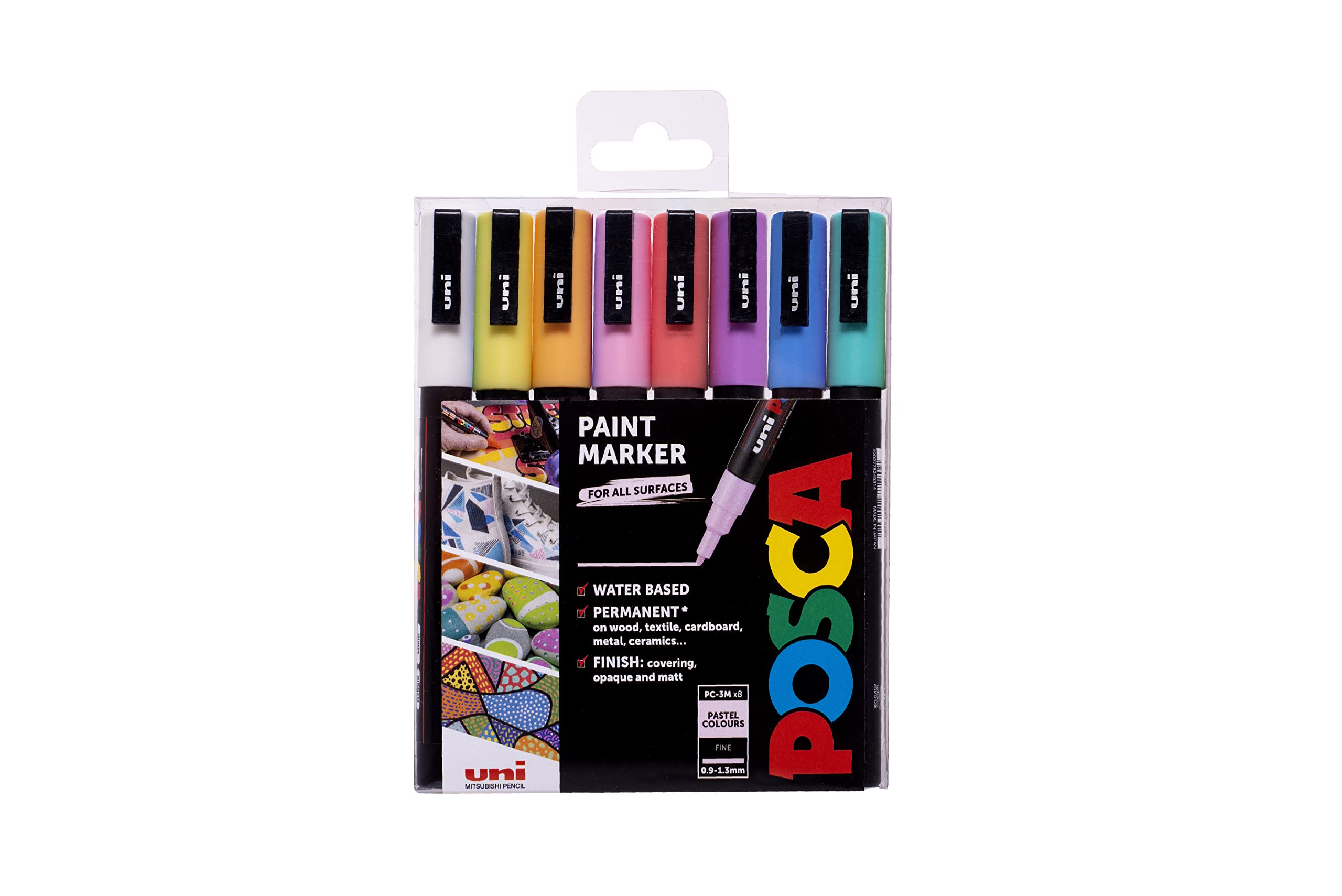 POSCA PC-3M Water Based Permanent Marker Paint Pens. Premium Medium Tip for Arts and Crafts. Multi Surface Use On Wood, Metal, Paper, Cardboard, Glass, Fabric, Ceramic & Stone. Set of 8 Pastel Colours