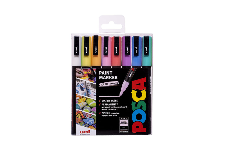 POSCA PC-3M Water Based Permanent Marker Paint Pens. Premium Medium Tip for Arts and Crafts. Multi Surface Use On Wood, Metal, Paper, Cardboard, Glass, Fabric, Ceramic & Stone. Set of 8 Pastel Colours