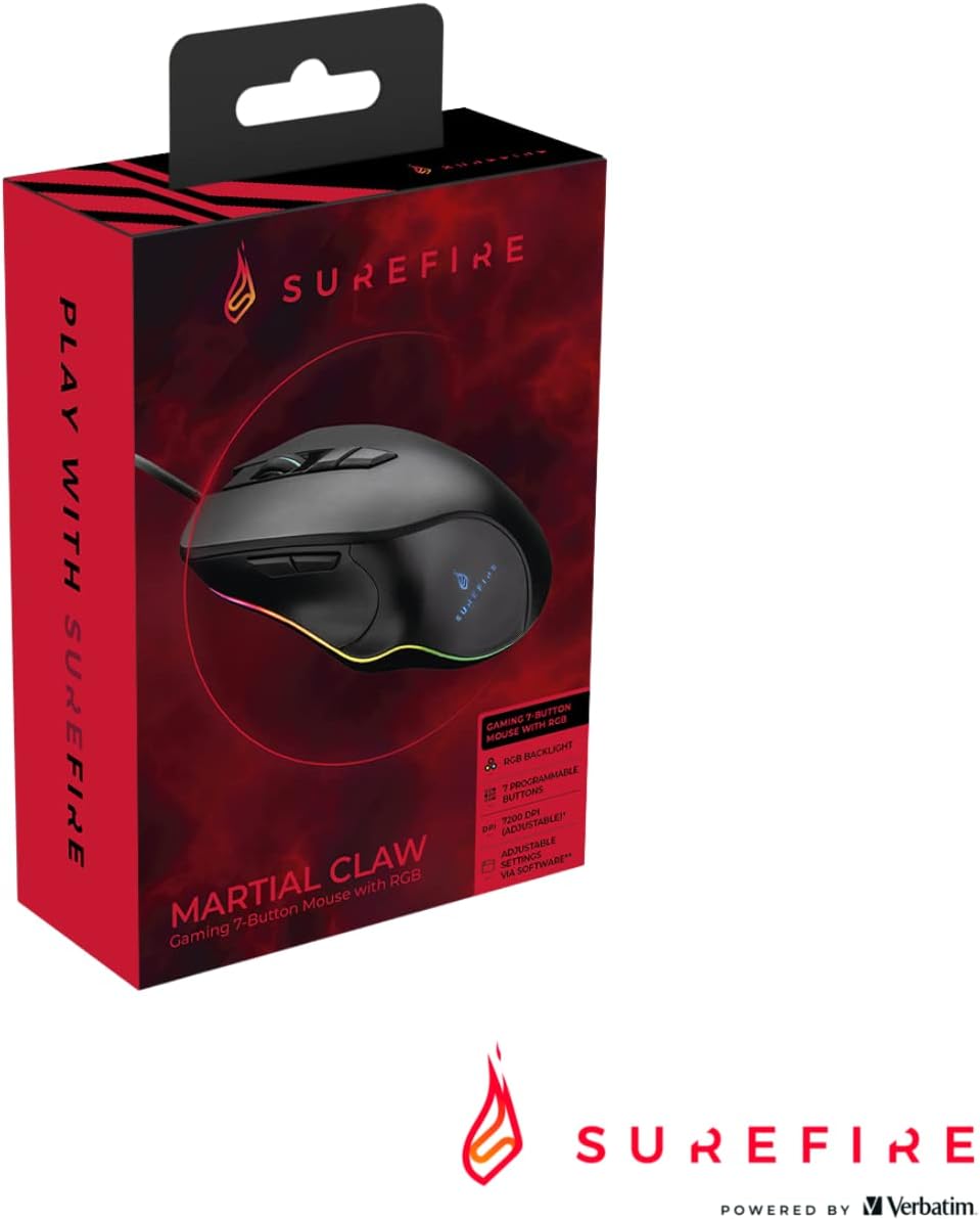 SureFire Martial Claw Gaming Mouse, Gaming Mouse with RGB Lighting, PC Mouse with 7 Programmable Buttons, Wired Mouse, 7200 DPI Computer Mouse with 1.8 m Cable