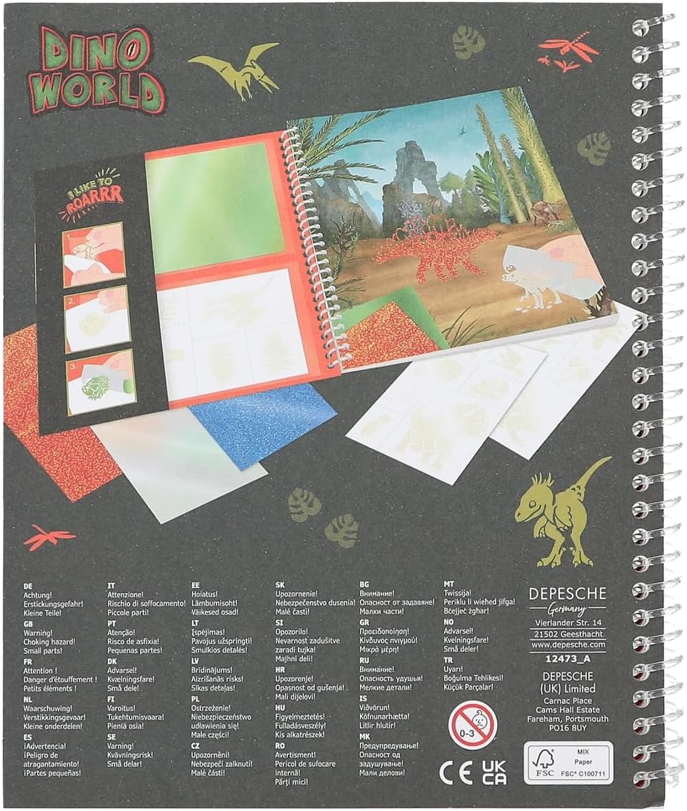 Depesche 12473 Dino World Colouring Book Stick & Shine, 24 Pages with Great Dino Motifs, for Colouring and Designing