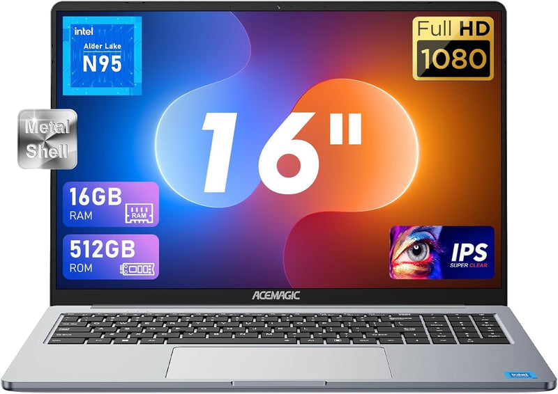ACEMAGIC 16 inch FHD Display laptop, Quad-Core N-95 Processor Up to 3.4GHz（Beat N5095） laptop computer, 16GB DDR4 512GB SSD Notebook Computers with Metal Body Support WiFi, BT5.0, 3*USB3.2