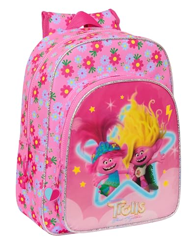 TROLLS 3 Animated School Backpack, Children's Backpack, Children's Backpack, Adaptable to the Pram, Ideal for Schoolchildren, Comfortable and Versatile, Quality and Resilience, 26 x 11 x 34 cm, Pink,