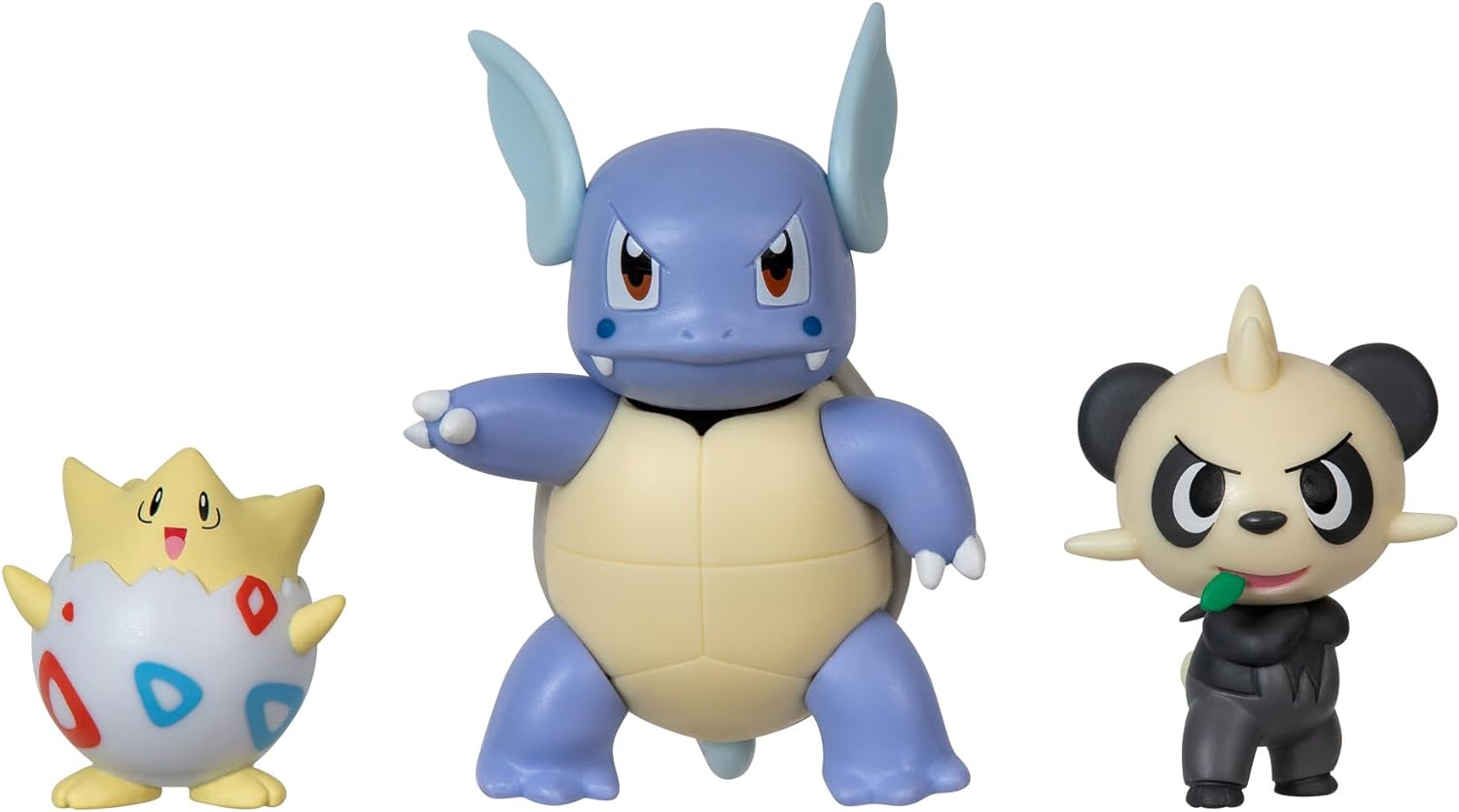 Pokémon PKW3051 3 Pack-Features 2, Pancham and 3-Inch Wartortle Battle Figures, Togepi, Pam-pam, Schillok Togepi, Hisuian Growlithe, Wartortle