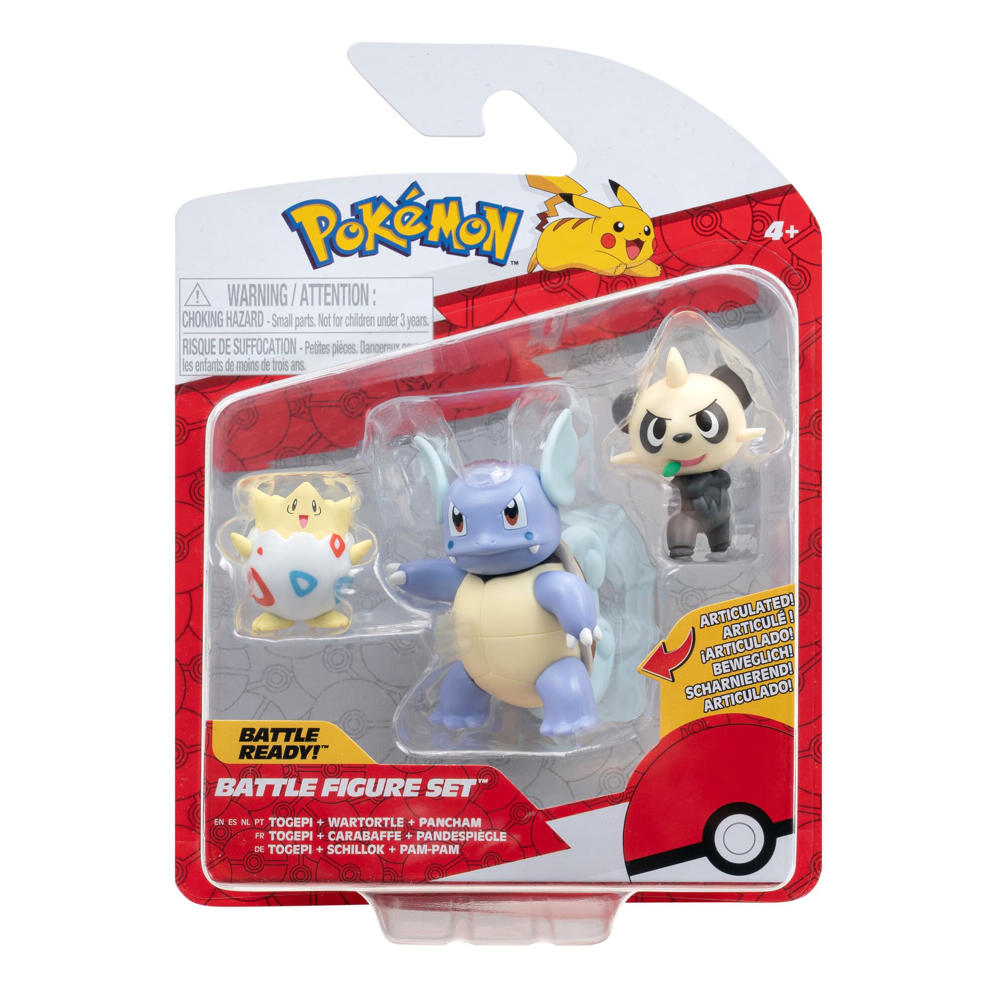 Pokémon PKW3051 3 Pack-Features 2, Pancham and 3-Inch Wartortle Battle Figures, Togepi, Pam-pam, Schillok Togepi, Hisuian Growlithe, Wartortle