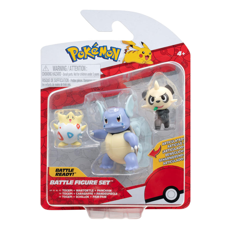 Pokémon PKW3051 3 Pack-Features 2, Pancham and 3-Inch Wartortle Battle Figures, Togepi, Pam-pam, Schillok Togepi, Hisuian Growlithe, Wartortle