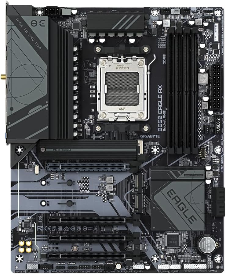 Gigabyte B650 EAGLE AX Motherboard - Supports AMD Ryzen 7000 CPUs, 12+2+2 Phases Digital VRM, up to 7600MHz DDR5 (OC), 1xPCIe 5.0 + 2xPCIe 4.0 M.2, Wi-Fi 6E 802.11ax, GbE LAN, USB 3.2 Gen2