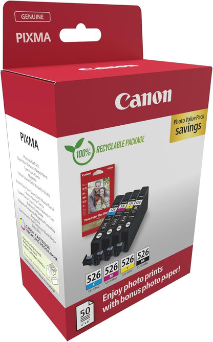 Canon CLI-526 C M Y BK Vorteilspack 4 Tintenpatronen (Schwarz, Cyan, Magenta, Gelb) Original +50 Blatt 10x15cm Photo Paper