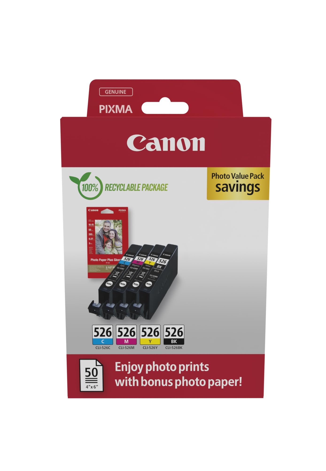Canon CLI-526 C M Y BK Vorteilspack 4 Tintenpatronen (Schwarz, Cyan, Magenta, Gelb) Original +50 Blatt 10x15cm Photo Paper