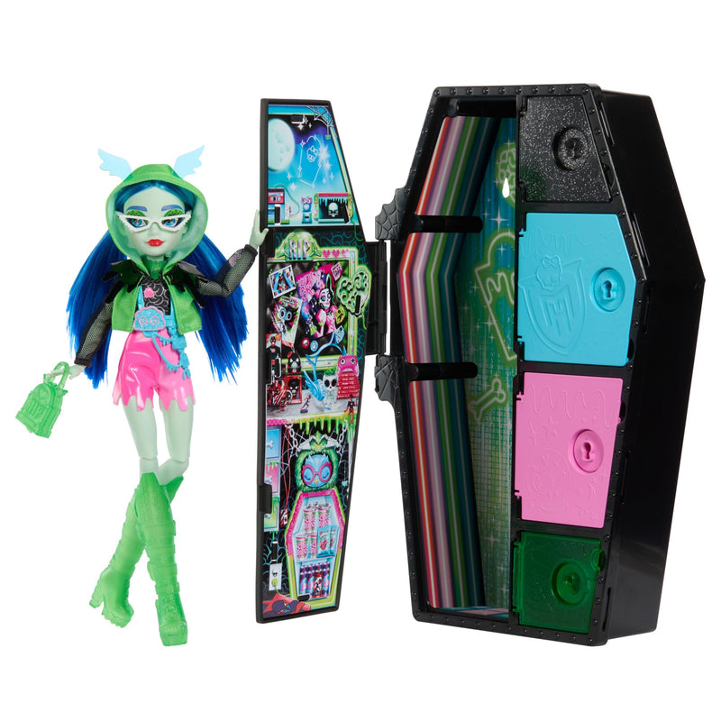 Monster High Skulltimate Secrets Neon Frights Ghoulia Muñeca con Armario y 15 Accesorios Sorpresa, Brilla en la Oscuridad, Juguete +4 años (Mattel HNF81