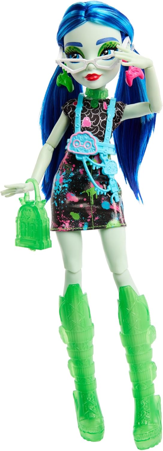 Monster High Skulltimate Secrets Neon Frights Ghoulia Muñeca con Armario y 15 Accesorios Sorpresa, Brilla en la Oscuridad, Juguete +4 años (Mattel HNF81