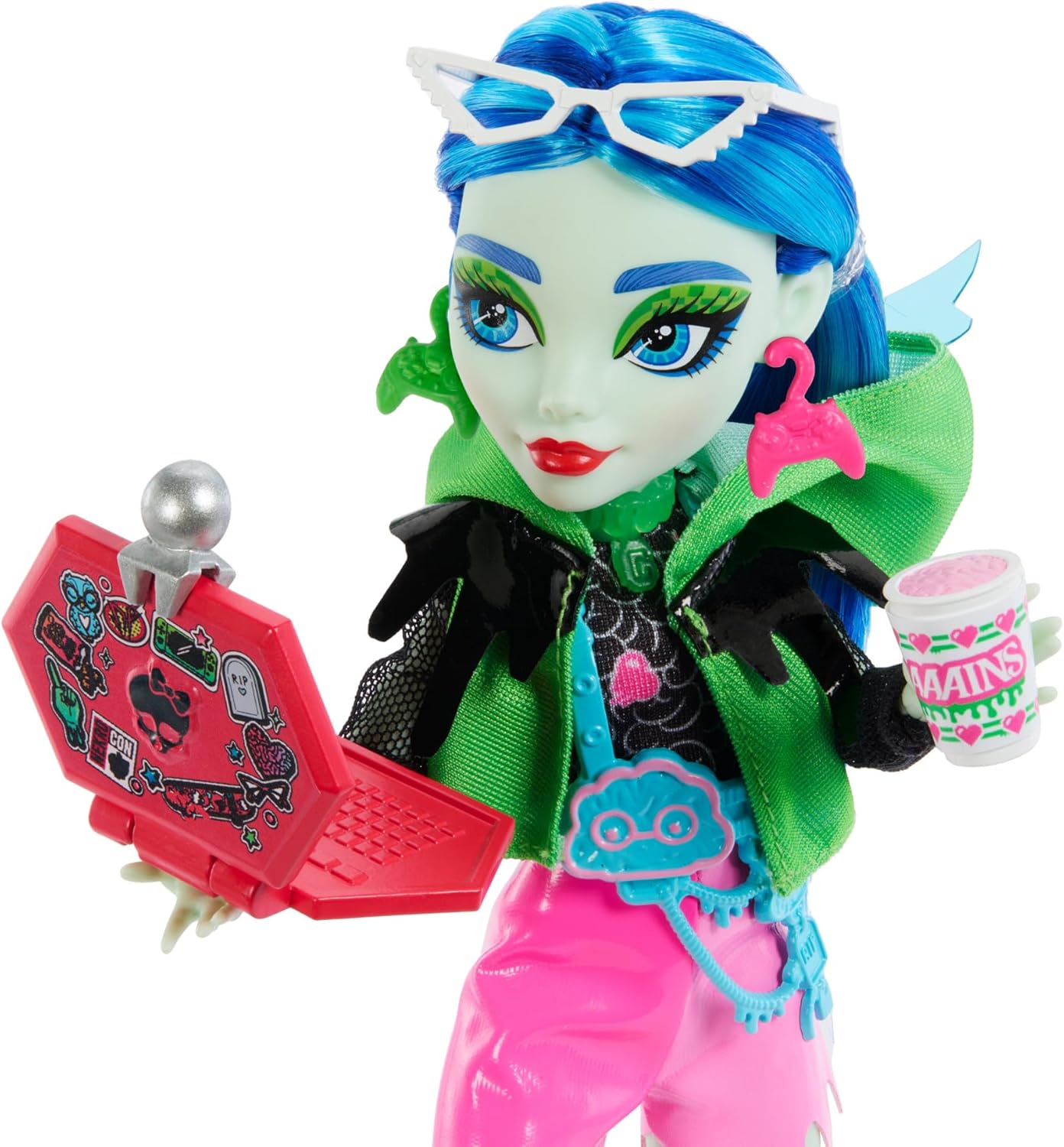 Monster High Skulltimate Secrets Neon Frights Ghoulia Muñeca con Armario y 15 Accesorios Sorpresa, Brilla en la Oscuridad, Juguete +4 años (Mattel HNF81
