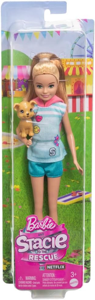 Barbie Stacie Doll with Pet Dog, From Barbie and Stacie to the Rescue Movie Toys, Blonde Hair Doll, HRM05