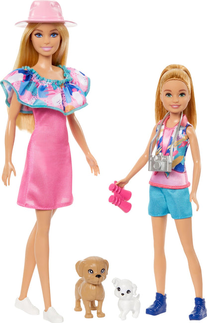 Barbie Pack 2 muñecas Hermanas con Ropa de Verano, Mascotas y Accesorios, de la película Stacie al Rescate, Juguete +3 años (Mattel HRM09