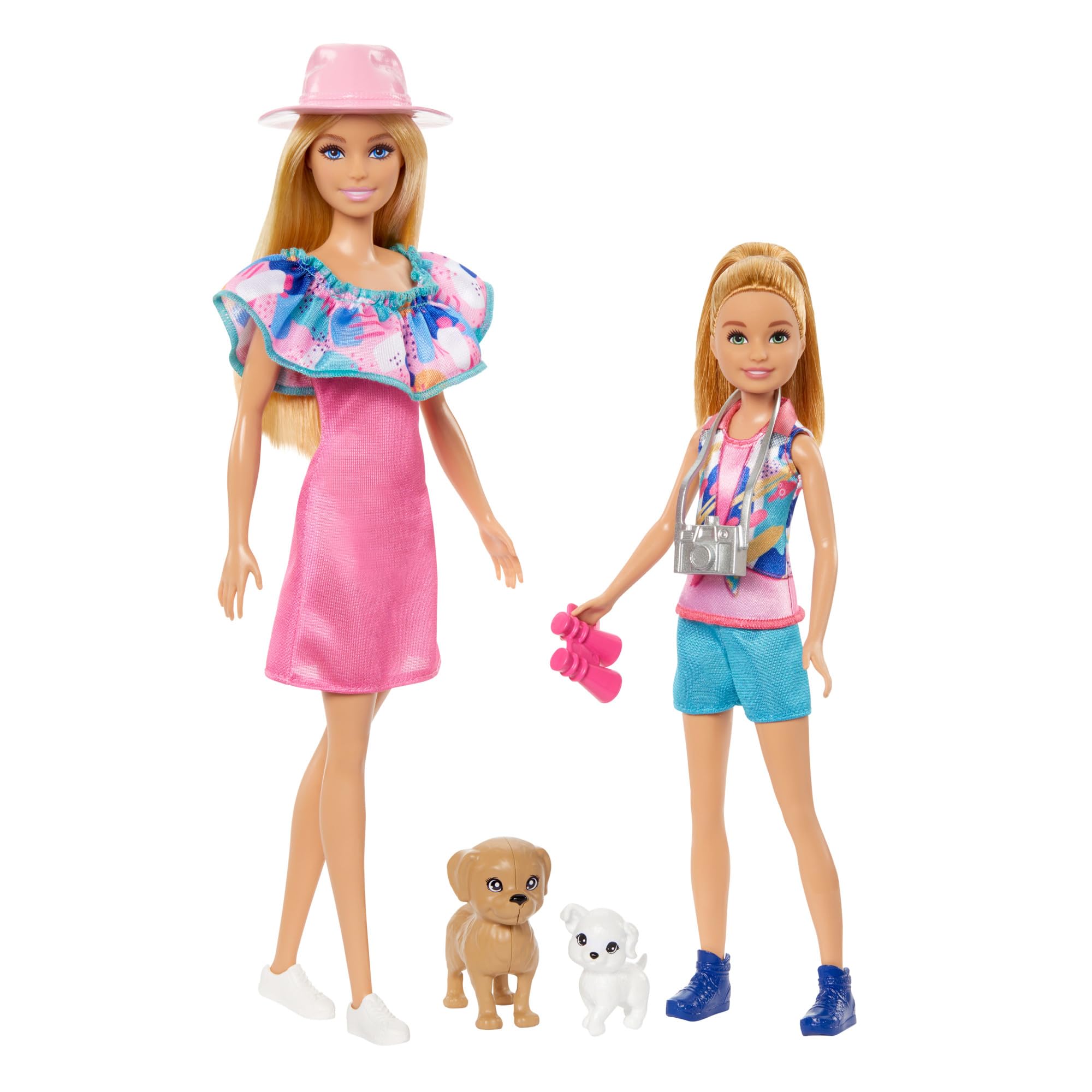 Barbie Pack 2 muñecas Hermanas con Ropa de Verano, Mascotas y Accesorios, de la película Stacie al Rescate, Juguete +3 años (Mattel HRM09