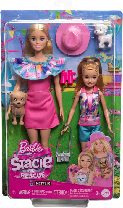 Barbie Pack 2 muñecas Hermanas con Ropa de Verano, Mascotas y Accesorios, de la película Stacie al Rescate, Juguete +3 años (Mattel HRM09