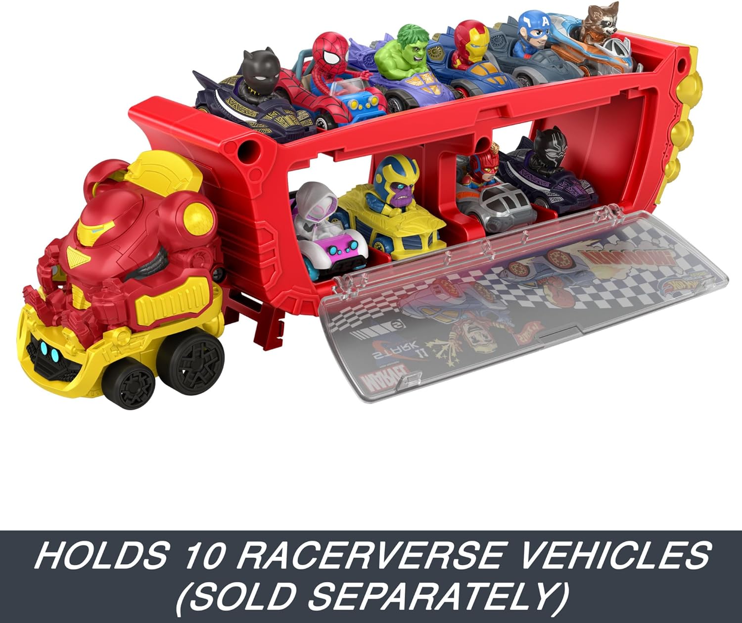 Hot Wheels RacerVerse Marvel Hulkbuster Hauler, Transport & Store Up to 10 Toy Vehicles, Detachable Cab with Flip-Up Helmet & Non-Removable Figure, HRY02