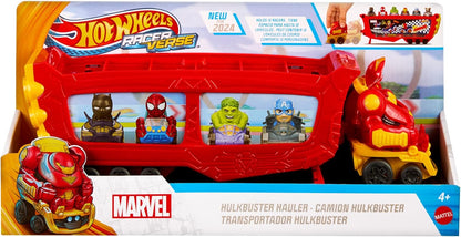 Hot Wheels RacerVerse Marvel Hulkbuster Hauler, Transport & Store Up to 10 Toy Vehicles, Detachable Cab with Flip-Up Helmet & Non-Removable Figure, HRY02