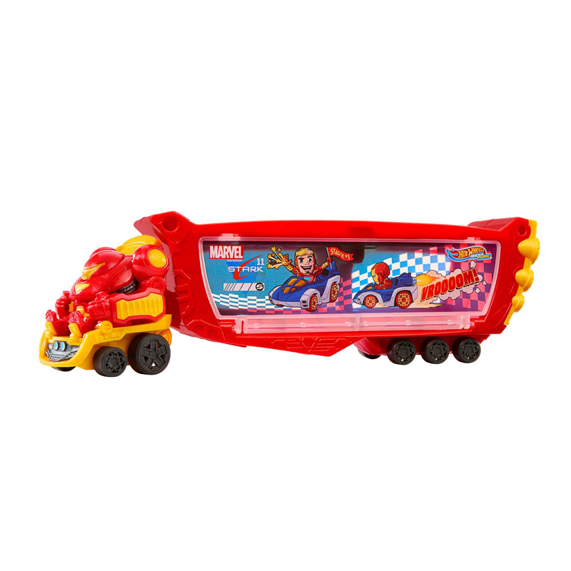 Hot Wheels RacerVerse Marvel Hulkbuster Hauler, Transport & Store Up to 10 Toy Vehicles, Detachable Cab with Flip-Up Helmet & Non-Removable Figure, HRY02