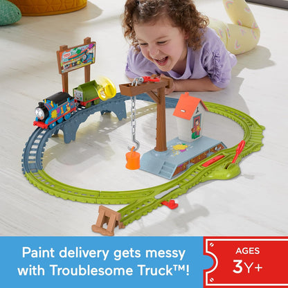 Thomas & Friends Motorized Toy Train Set Paint Delivery with Thomas & Troublesome Truck for Pretend Play Preschool Kids Ages 3+ Years, HTN34