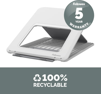 Fellowes Laptop Stand for Desk - Breyta™ Adjustable 100% Recyclable Laptop Stand for the Home and Office - Portable Laptop Stand with 12 Height Adjustments - Max Monitor Size 14", Max Weight 4KG–White