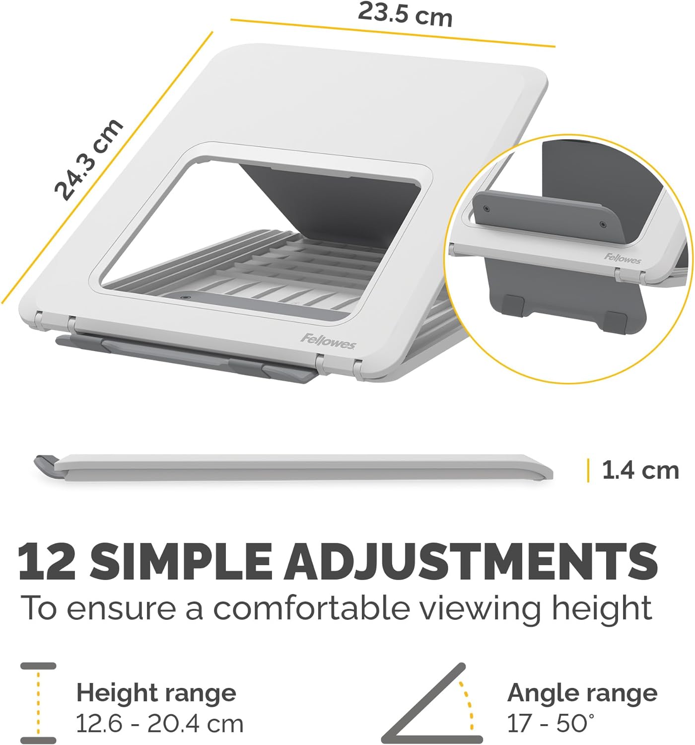 Fellowes Laptop Stand for Desk - Breyta™ Adjustable 100% Recyclable Laptop Stand for the Home and Office - Portable Laptop Stand with 12 Height Adjustments - Max Monitor Size 14", Max Weight 4KG–White