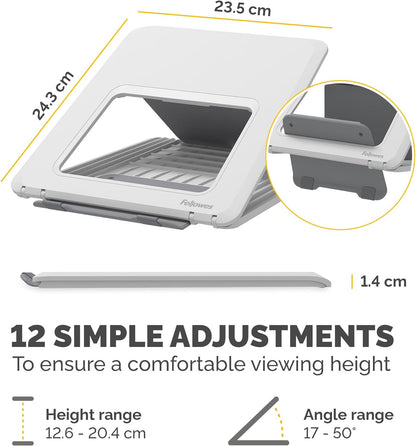 Fellowes Laptop Stand for Desk - Breyta™ Adjustable 100% Recyclable Laptop Stand for the Home and Office - Portable Laptop Stand with 12 Height Adjustments - Max Monitor Size 14", Max Weight 4KG–White