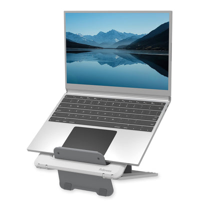 Fellowes Laptop Stand for Desk - Breyta™ Adjustable 100% Recyclable Laptop Stand for the Home and Office - Portable Laptop Stand with 12 Height Adjustments - Max Monitor Size 14", Max Weight 4KG–White