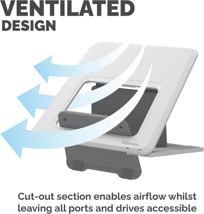 Fellowes Laptop Stand for Desk - Breyta™ Adjustable 100% Recyclable Laptop Stand for the Home and Office - Portable Laptop Stand with 12 Height Adjustments - Max Monitor Size 14", Max Weight 4KG–White