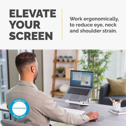 Fellowes Laptop Stand for Desk - Breyta™ Adjustable 100% Recyclable Laptop Stand for the Home and Office - Portable Laptop Stand with 12 Height Adjustments - Max Monitor Size 14", Max Weight 4KG–White