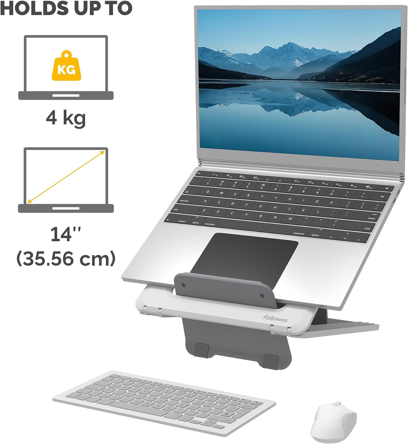 Fellowes Laptop Stand for Desk - Breyta™ Adjustable 100% Recyclable Laptop Stand for the Home and Office - Portable Laptop Stand with 12 Height Adjustments - Max Monitor Size 14", Max Weight 4KG–White