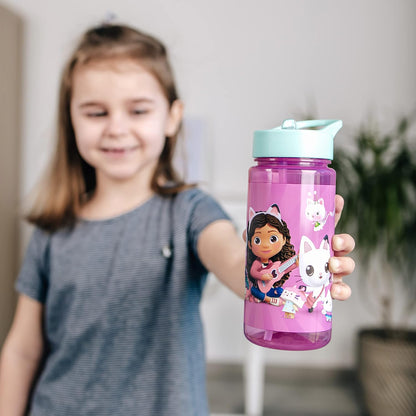 Scooli Gabby's Dollhouse Drinking Bottle for Children with Motif Plastic Water Bottle BPA Free Approximately 500 ml Capacity Integrated Straw Ideal for School