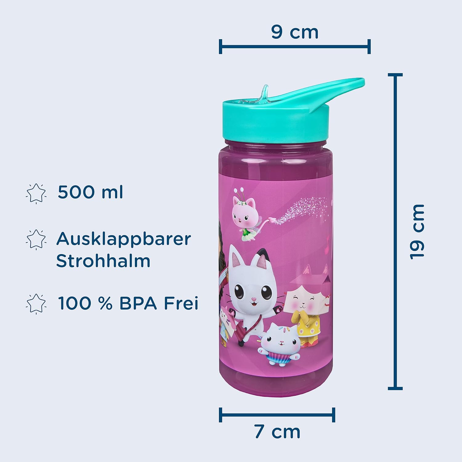 Scooli Gabby's Dollhouse Drinking Bottle for Children with Motif Plastic Water Bottle BPA Free Approximately 500 ml Capacity Integrated Straw Ideal for School