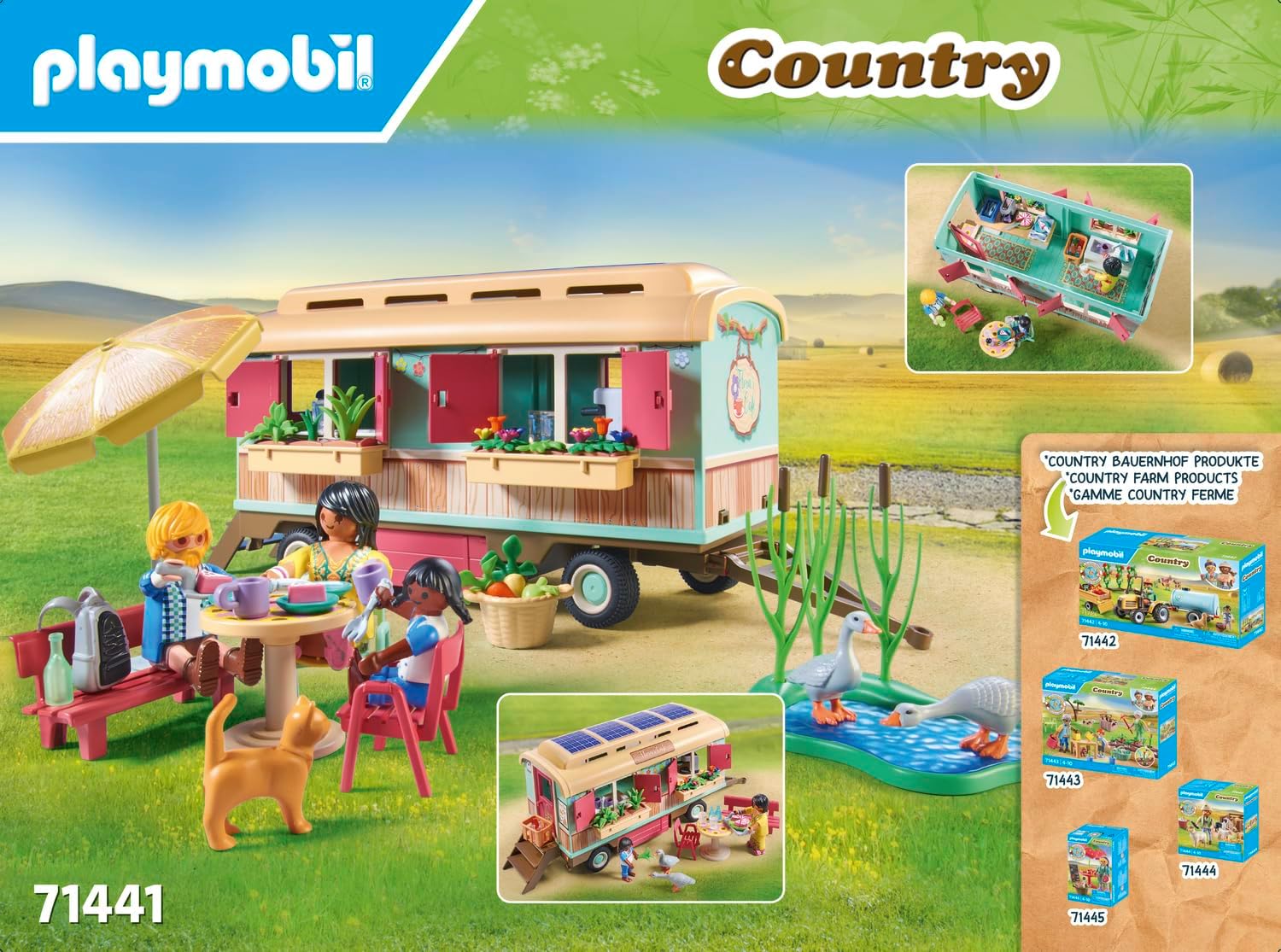 PLAYMOBIL Country 71441 Gezellig woonwagencafé, met gedetailleerde uitrusting en een ganzenvijver, leuk fantasierijk rollenspel, duurzaam speelgoed voor kinderen vanaf 4 jaar