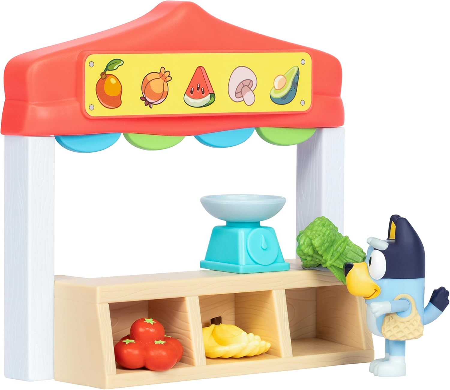 BlueY Juego de minijuegos para el Mercado de Agricultores, Incluye figura de Bingo con articulaciones móviles, Bolsa de la Compra y Accesorios