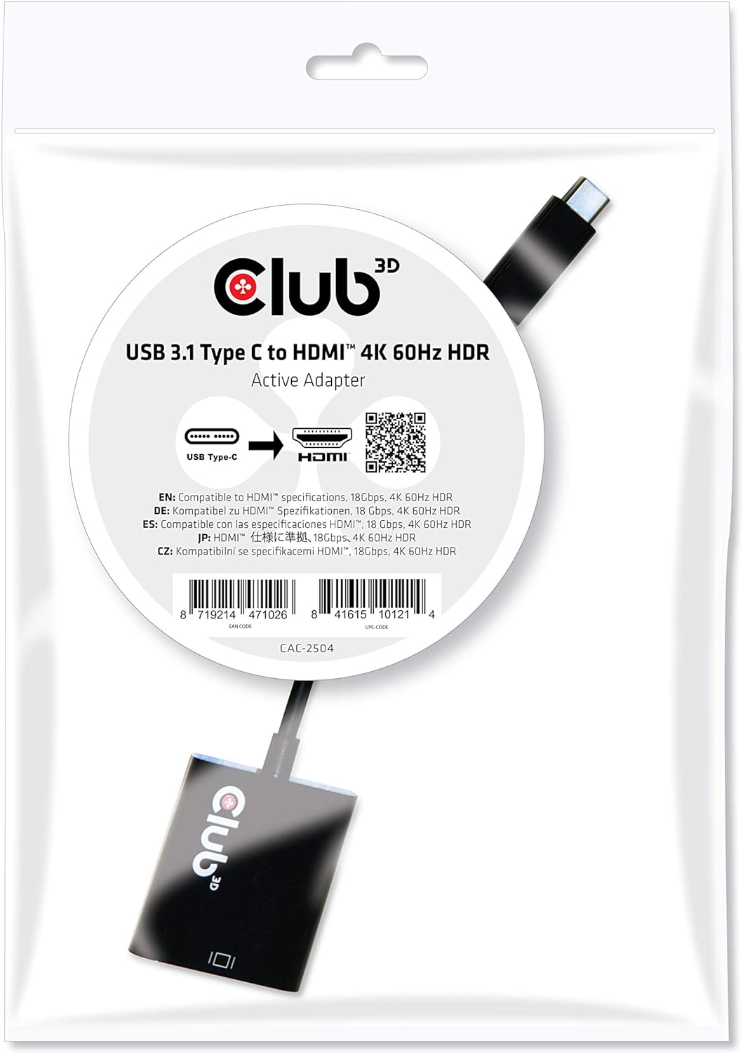 CLUB3D USB 3.1 Type C to HDMI 2.0 UHD 4K 60HZ Active Adapter - Cable Interface/Adapter (USB 3.1 Type C, HDMI 2.0, Male/Female, 0.15 m, Black