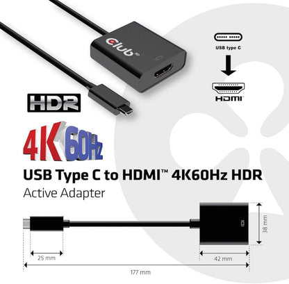 CLUB3D USB 3.1 Type C to HDMI 2.0 UHD 4K 60HZ Active Adapter - Cable Interface/Adapter (USB 3.1 Type C, HDMI 2.0, Male/Female, 0.15 m, Black
