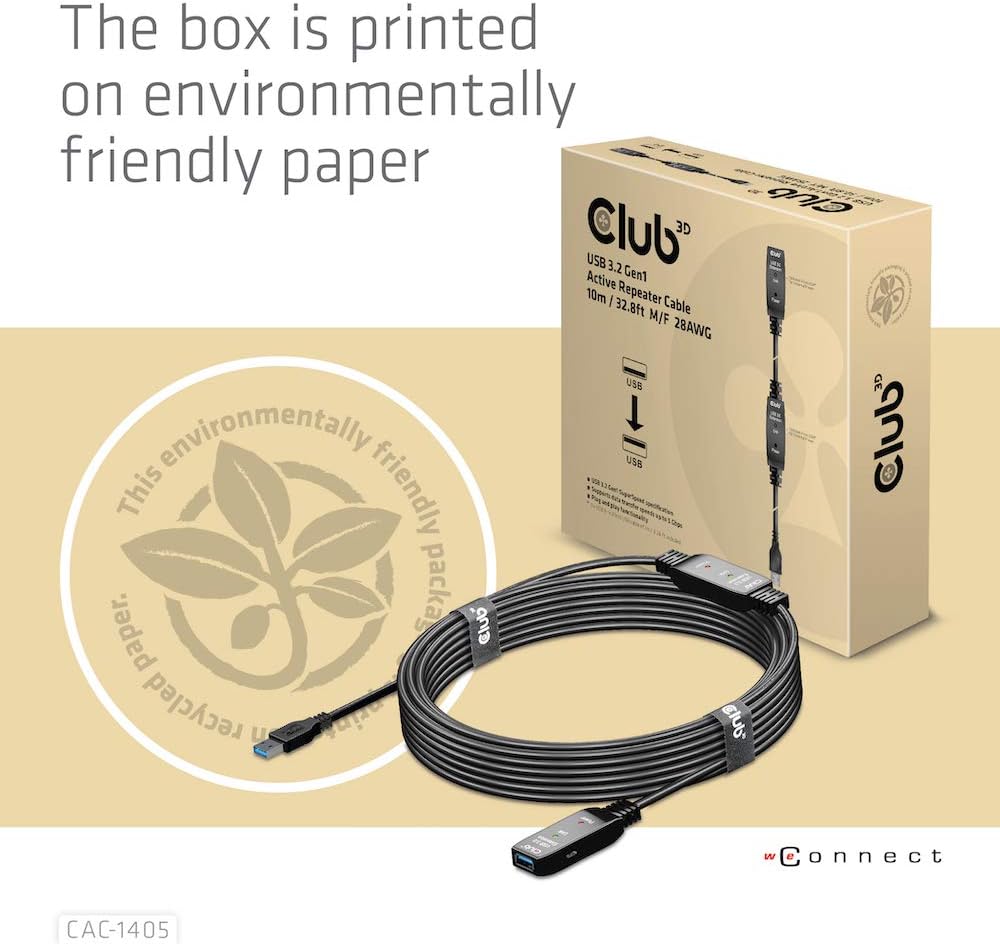 CLUB3D USB 3.2 Gen1 Active Repeater Cable 10 m / 32.8 ft M/F 28AWG