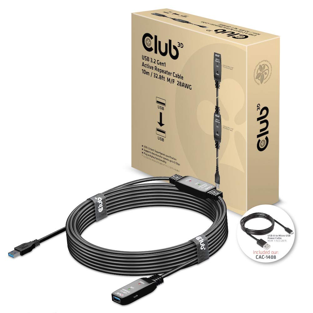 CLUB3D USB 3.2 Gen1 Active Repeater Cable 10 m / 32.8 ft M/F 28AWG